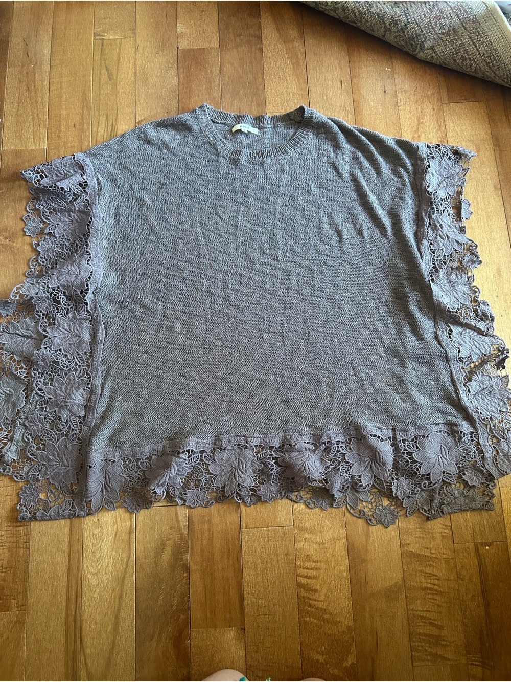 Easel Knit Poncho Top Lace Trim Boxy Oversized Dolman Flowy Boho Relaxed